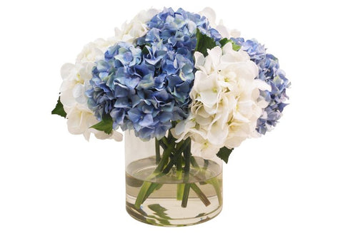 Blue and White Hydrangeas in Cylinder Vase #1432