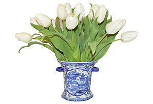 White Tulips in Blue and White Vase with Handles #51001