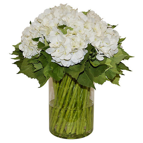 White Hydrangeas with Green Stems in Large Cylinder Vase #51460