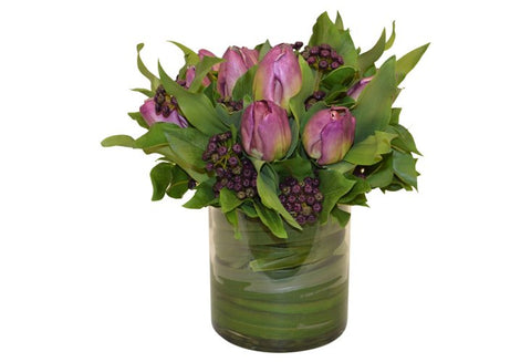 Purple Tulips in a Cylinder Vase w/ Orchid Foliage #52058