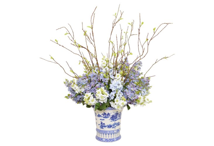 Blue & White Delphinium with Twigs in a Blue and White Container #5224 ...