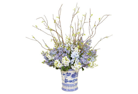 Blue & White Delphinium with Twigs in a Blue and White Container #52240