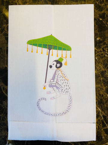 Monkey With Umbrella Linen Guest Towel, Set of Two