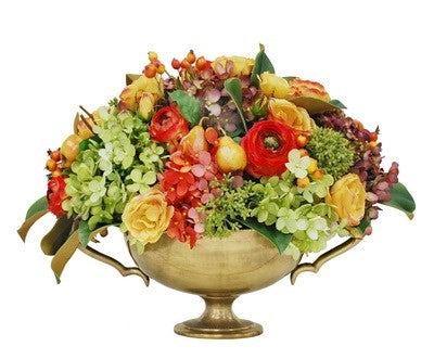 MIX FALL FLORAL IN BRASS URN  #9455.PCRD