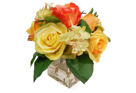 Rose and Hydrangeas in Square Vase #4050