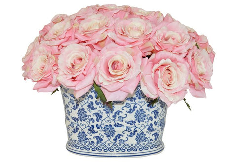 Pink Roses in Blue and White Planter #51002