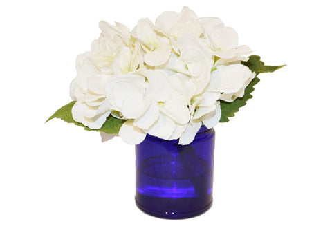 White Hydrangea in Glass Blue Vase #51180