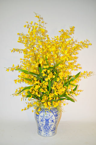 Yellow Orchid in Blue and White Container #51814