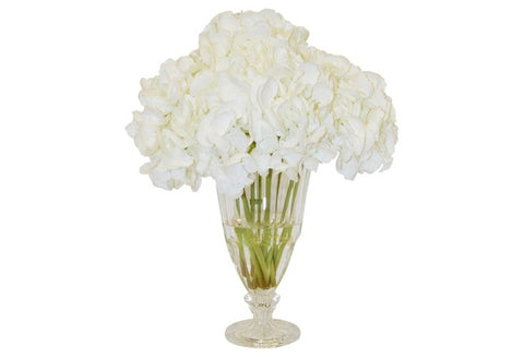 White Hydrangeas in a Footed Glass Vase #52025