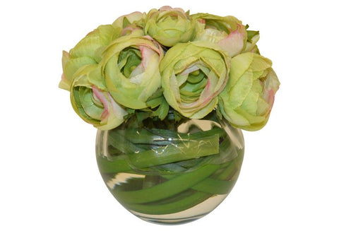 Green Ranunculus in a Round Vase with Foliage #52054