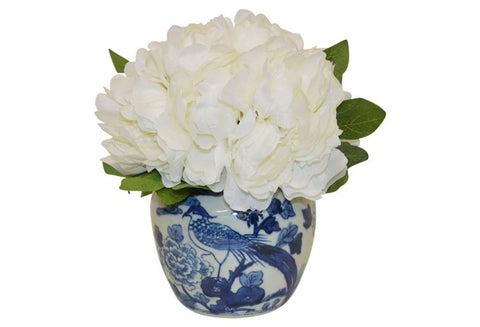 White Peonies in a Blue and White Bird Container #52165