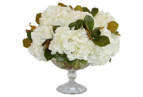 White Hydrangeas in a Footed Glass Vase #52181