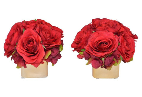 Set of 2 Red Roses & Hydrangeas in a Small Gold Square Vase #52325