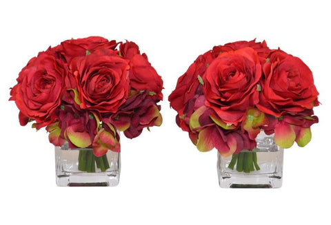 Set of 2 Red Roses & Hydrangea in a Glass Cube Vase #52329
