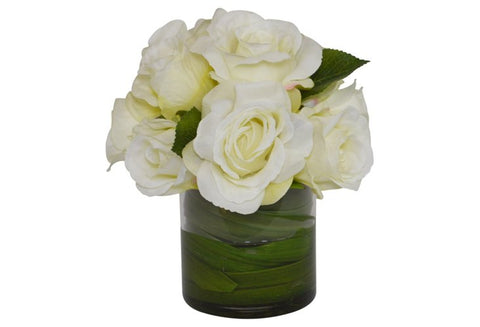 Cream Roses in a Cylinder Glass Vase with Orchid Foliage #52401