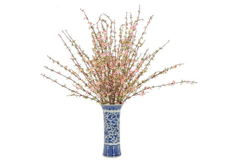 Pink Cherry Blossoms in a Tall Blue and White Vase #52475