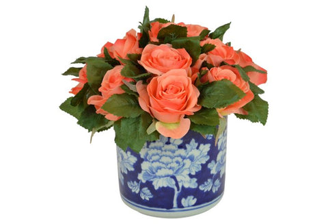 Coral Roses in a Blue and White Cylinder Container #52487