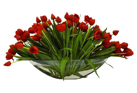 Red Tulips in Glass Boat Vase #8425