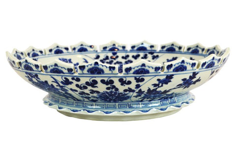 Low Blue and White Scalloped Floral Bowl #BWCT116
