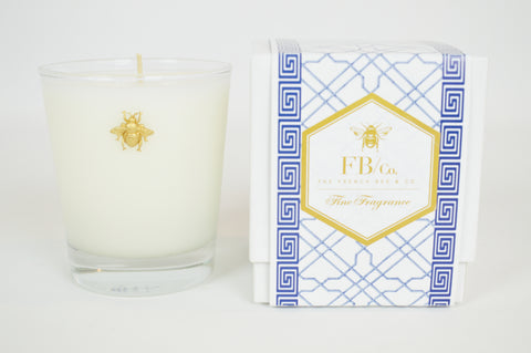 Thick Glass Candle with Gold Bee in Blue Fretwork Box